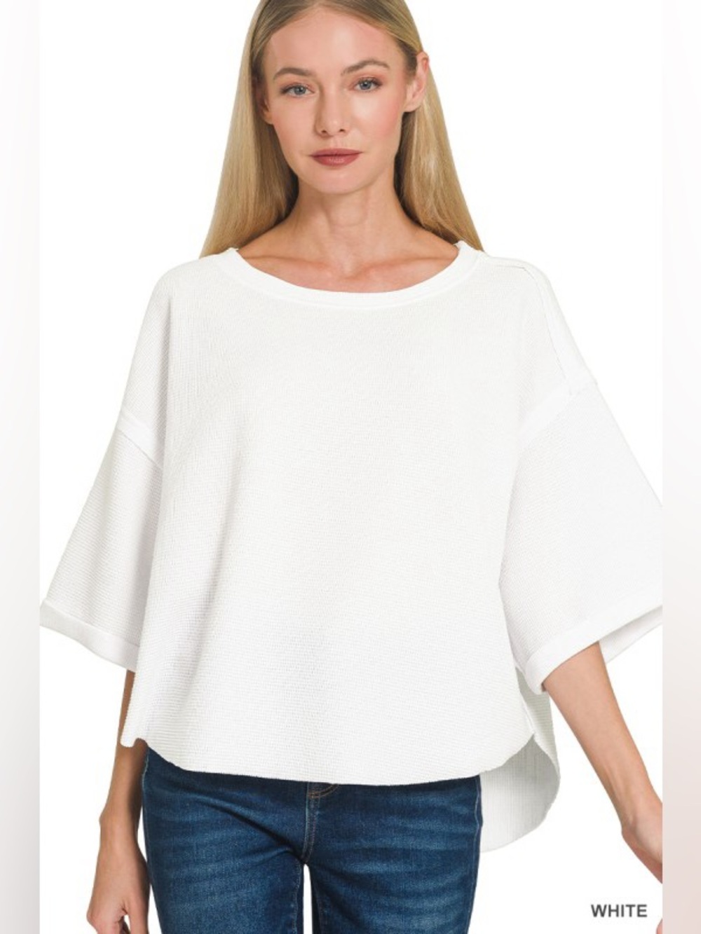 Waffle Knit Boxy Top in White - Relaxed Women’s Tee